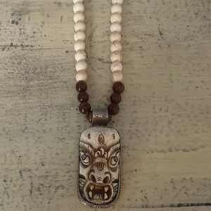 Handcrafted Tribal Pendant Necklace - Cream and Brown Beads Carved bone Tiki